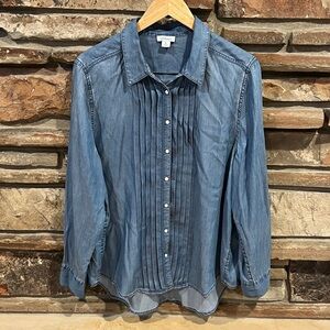 Sundance Blue Pleated Tux Ruffle Tencel Chambray Button Down Shirt